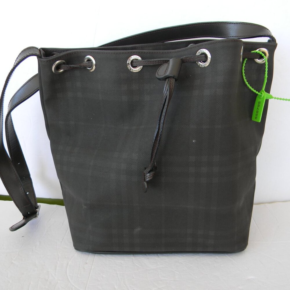 BURBERRY VINTAGE DARK BROWN CHECK BUCKET DRAWSTRING BAG MADE IN SPAIN